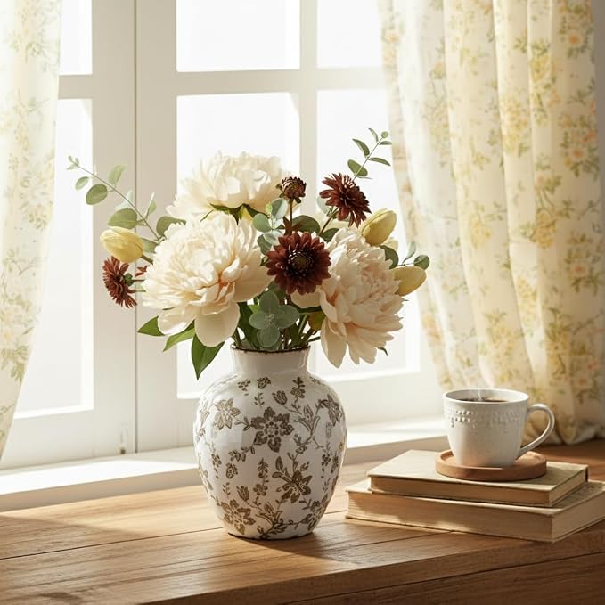 SIDUCAL Ceramic Vintage Vase, 5.83 Inch Retro Ice Cracked Chinoiserie Floral Vase, Rustic Farmhouse Vases for Home Decor, Bookshelf, Garden, Chinoiserie Decor, Tuscan Decor, Brown Floral Pattern