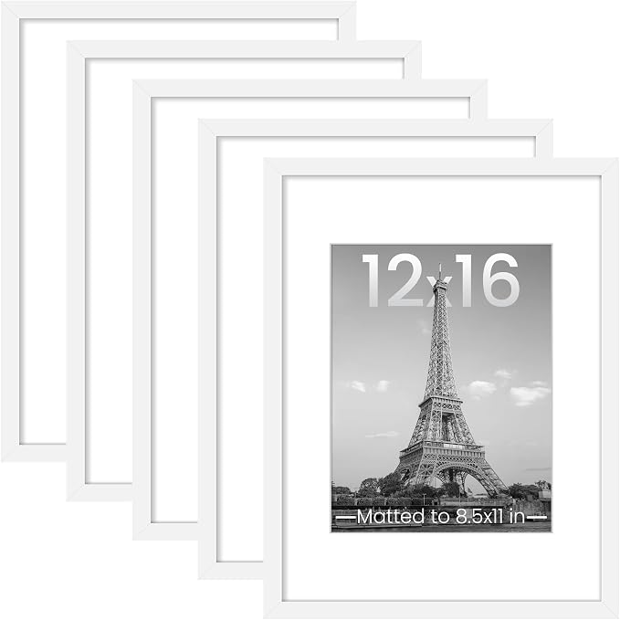 upsimples 12x16 Picture Frame, Gallery Wall Frames Set of 5, White | Poster Frame Collage Wall Decor, 8.5x11 Picture Frame with Mat for Family, Baby, Hallway, Christmas