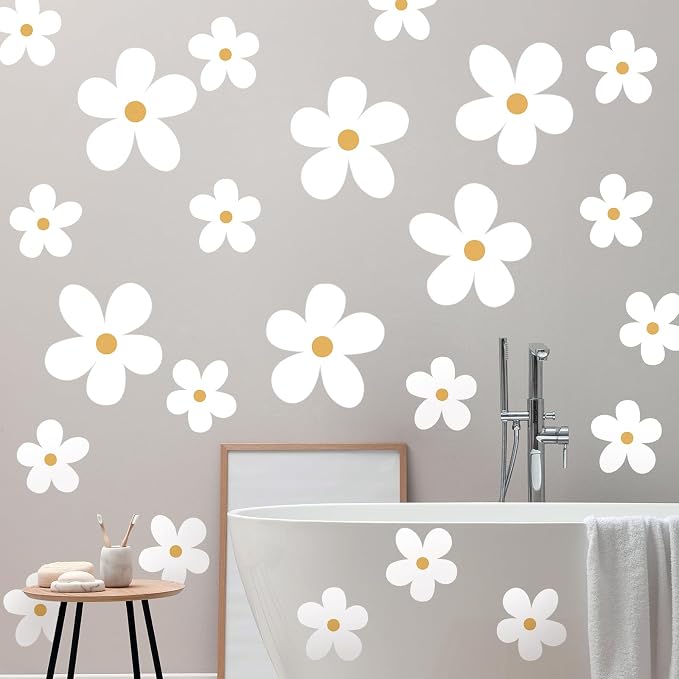 TaoBary 12 Sheet Daisy Wall Sticker Decal,White, Yellow,Stylish Style | Big Flower Wall Sticker, Pink White Floral Decal, Daisy Bedroom Room Decor, Removable Peel and Stick, Nursery Home Wall Decor