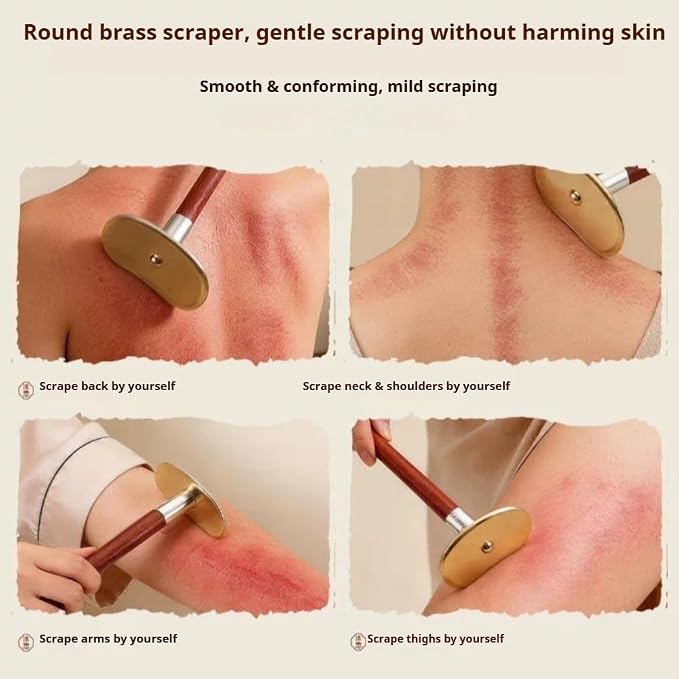 Brass Gua Sha Board with Long Handle, Self-Scraping Massage Tool for Home Use, Full Body Back Gua Sha Scraper with Rosewood Handle (Long Handle)