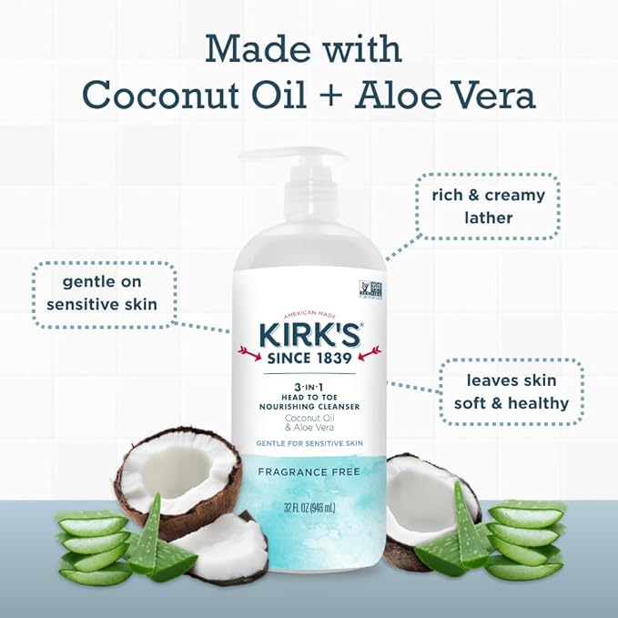 Kirk's 3-in-1 Head to Toe Nourishing Liquid Cleanser- for Men, Women & Children - Premium Coconut Oil & Aloe Vera- Non GMO & Vegan -Fragrance Free - 32 Fl Oz.