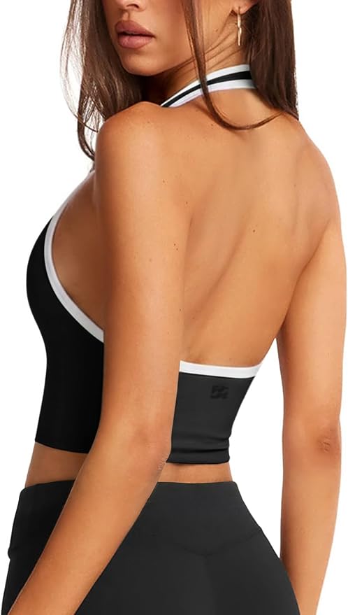 Halter Workout Top for Women: Open Back Sports Bra Color Block Tops with Built in Bra Yoga Gym Crop