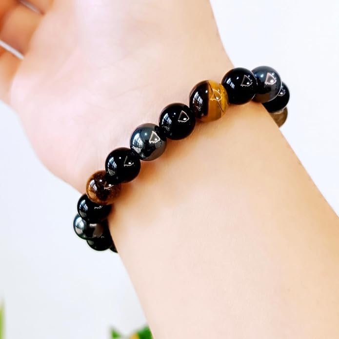 Evil Eye with Hematite Black Obsidian Tiger Eye Stone Triple Protection Bracelets for Men Women, Crystal Healing Stone Bracelet Bring Luck Prosperity and Happiness Jewelry