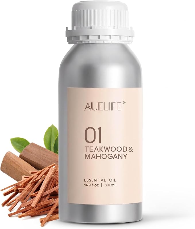 Auelife 16.9oz (500 ml) Teakwood & Mahogany Essential Oils for Diffusers for Home, Large Aluminum Bottle Fragrance Oil for Candle & Soap Making, Aromatherapy Oil for DIY Scents & Home Fragrance