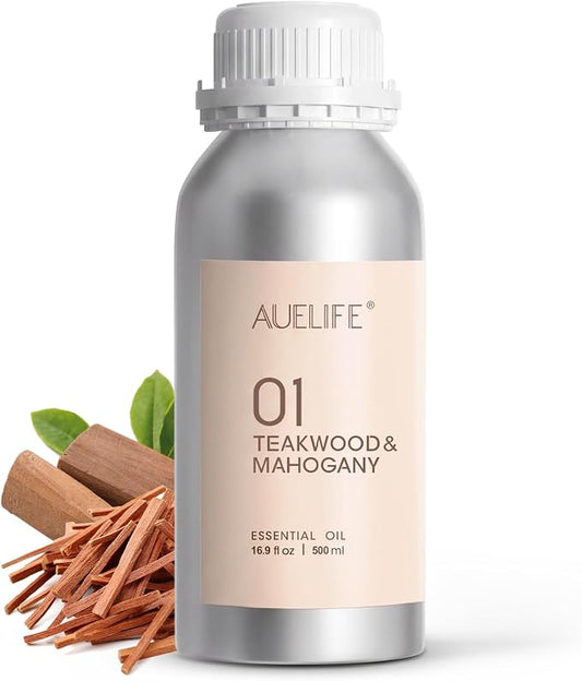 Auelife 16.9oz (500 ml) Teakwood & Mahogany Essential Oils for Diffusers for Home, Large Aluminum Bottle Fragrance Oil for Candle & Soap Making, Aromatherapy Oil for DIY Scents & Home Fragrance