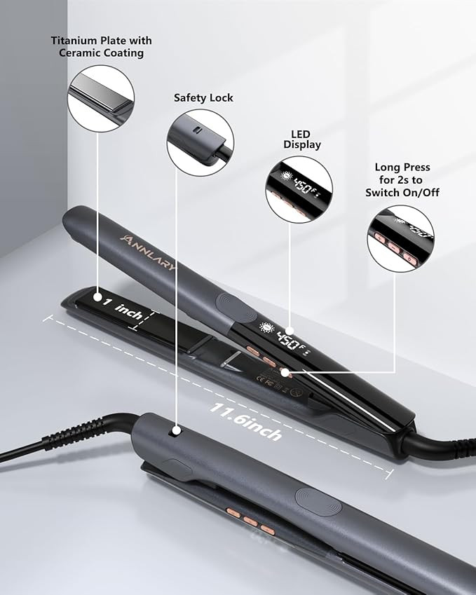 Annlary Hair Straightener 1 Inch Flat Iron and Curler 2 in 1 Titanium Ceramic Ionic Dual Voltage Straightener with Heat-Resistant Silicone, for Less Frizz, Shinier & Smoother