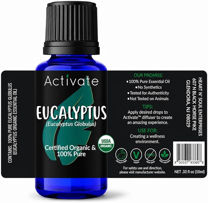Eucalyptus Essential Oil Organic, USDA Organic, 100% Pure Eucalyptus Globulus, Steam Distilled Essential Oil for Aromatherapy, Diffuser, Massage, Humidifier & DIY Projects, 10ml