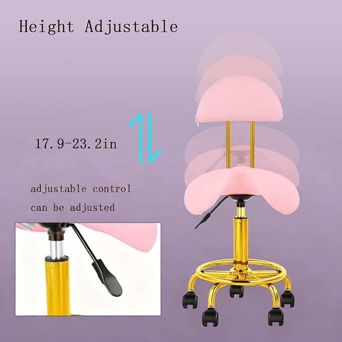 Saddle Chair Rolling Ergonomic Swivel Chair with Soft Comfortable Cushion and Wheels Hydraulic Adjustable Stool for Home Office Dental Tattoo Salon Shop Use with Backrest (Pink Gold)