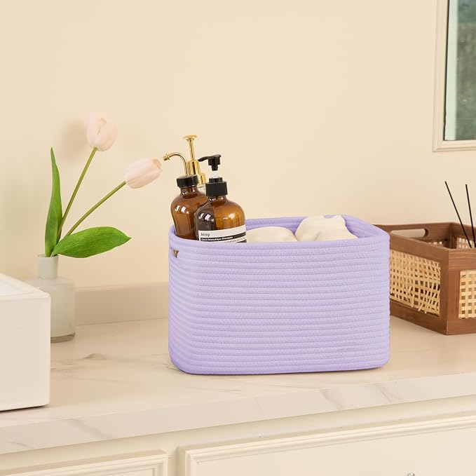 OIAHOMY 4 Pack Storage Baskets for Organizing, Cube Storage Bins for Shelves, Rectangle Storage Baskets With Handles, Woven Baskets for Storage, 12.7''Lx9''Wx7.8''H, Purple
