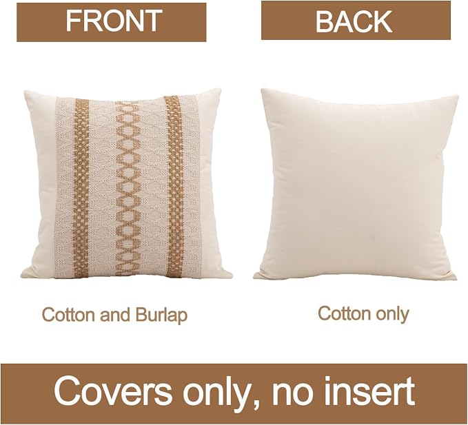 Throw Pillow Covers 18 x 18 Inch 1PC for Farmhouse Living Room, Cotton & Burlap Textured Striped Woven Boho Pillow Covers (Beige & Brown, Triple Striped)