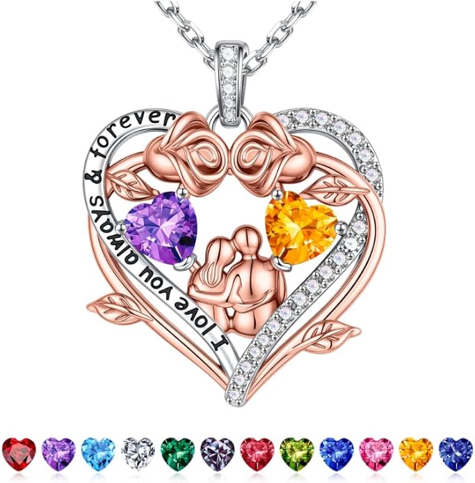 Iefil Valentines Gifts for Her Wife - 925 Sterling Silver Double Heart Birthstone Necklace, Anniversary Birthday Gifts for Women Wife Girlfriend