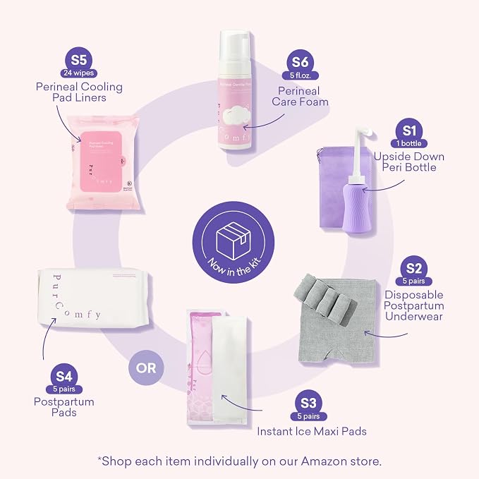 PurComfy 18 Pcs Postpartum Essentials Recovery Kit, Includes 5 Disposable Underwear, 24 Perineal Pad Liners, Perineal Care Foam, 5 Instant Ice Pads, Peri Bottle and 5 Postpartum Pads