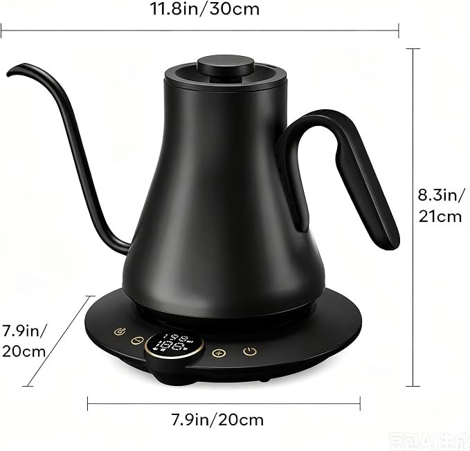 INTASTING Gooseneck Electric Kettle with ±1℉ Temperature Control for Pour Over Coffee & Tea, Quick Heating, BPA-Free Stainless Steel, Built-in Brew Timer, 1500W/0.9L (Ebony Black)