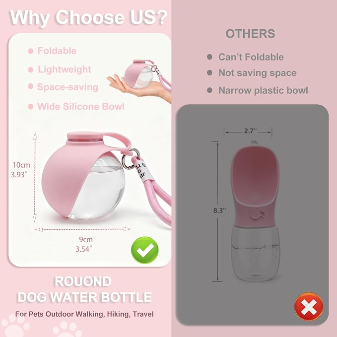 Dog Water Bottle Portable, 2in1 Round Dog Water Bowl PET 10oz