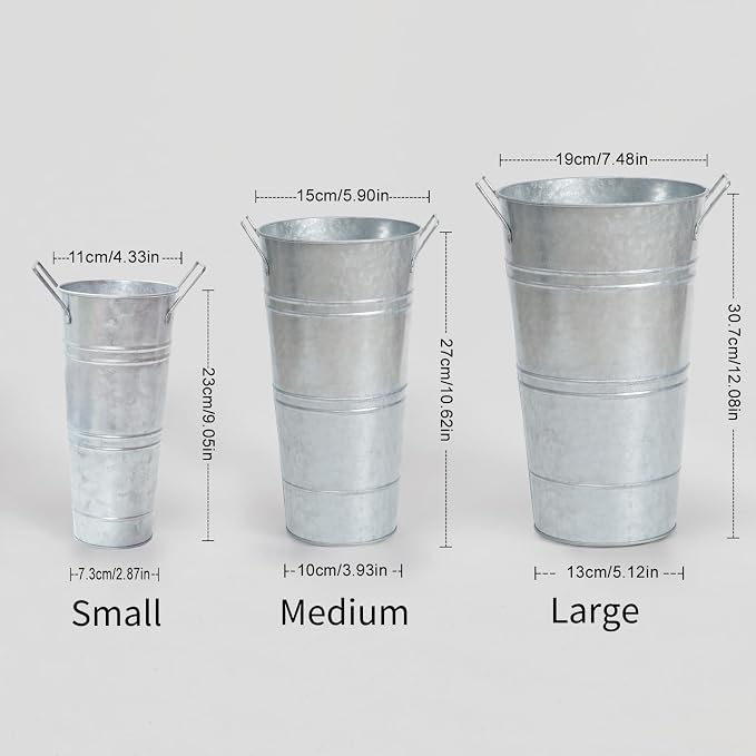 Notakia 10.62 Inch Galvanized Metal Vases Farmhouse French Flower Bucket Vases for Cut Flowers for Home Decor and Wedding Table Centerpiece Decorations (Medium Silver 4Pcs)