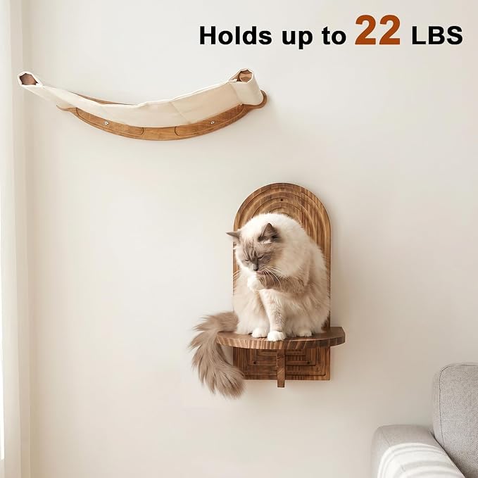 Rustic Cat Wall Shelves, Farmhouse Style Wooden Cat Furniture with Hammock, Space-Saving Cat Climbing System & Floating Perch for Indoor Cats
