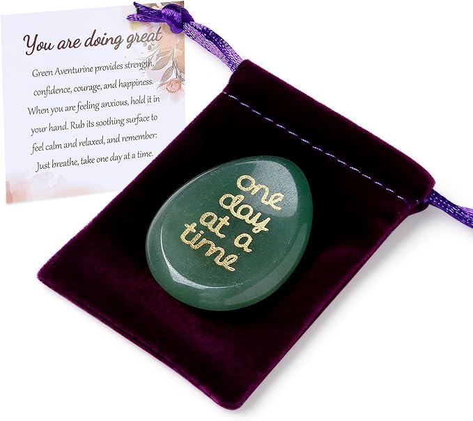 One Day at A Time Green Aventurine Thumb Worry Stone for Anxiety Crystals Hand Thumb Stones Pocket Thinking of You Gifts for women Inspirational Worry Stones for Stress Relief Sobriety Gifts for Her