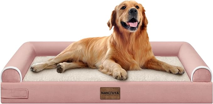 Orthopedic Dog Bed for X-Large Dogs, 40 x 32 Inch, Pink | Egg crate foam for joint support, 3-sided bolster pet sofa, waterproof lining, washable cover, and non-skid base