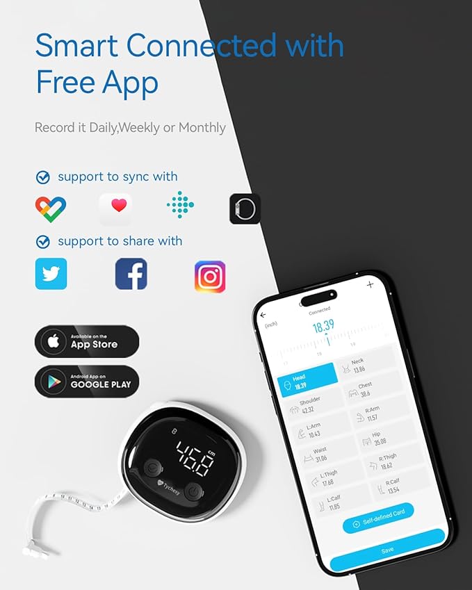 Smart Body Tape Measure, Bluetooth Digital Body Measuring Tape with APP for Body Measurement Device, Clear LED Display, USB-C Rechargeable
