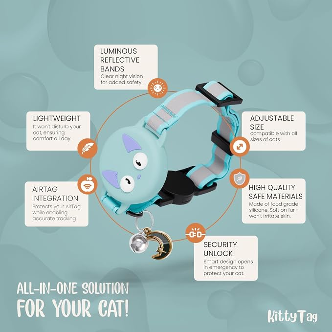 AirTag Cat Collar – Breakaway Reflective & Waterproof Collar with Built-in Holder, Adjustable with Bell for Indoor/Outdoor Cats – AirTag Not Included, Turquoise (9-12")
