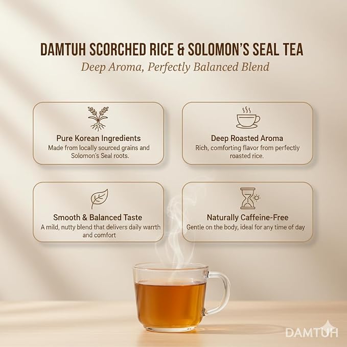 Damtuh Korean Roasted Rice & Solomon’s Seal Tea – Traditional Herbal Tea - Caffeine-Free, Sugar-Free, Non-Caloric, 40 Tea Bags (1.5g each, Pack of 2)