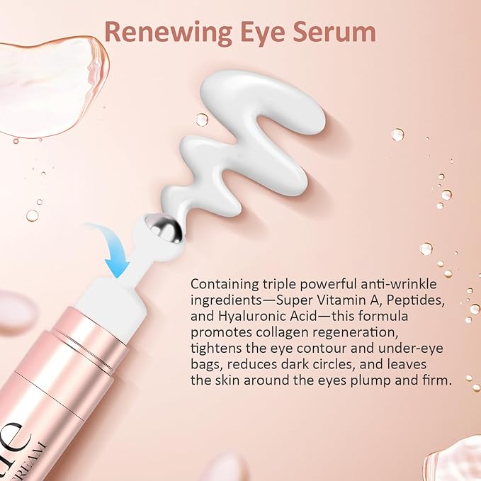 Eye Cream Anti Aging Under Eyes Cream Dark Circles with Super Vitamin A, Peptides & Hyaluronic Acid, Eye Serum With 360° Roller Massage Ball for Puffiness and Bags 0.5 oz