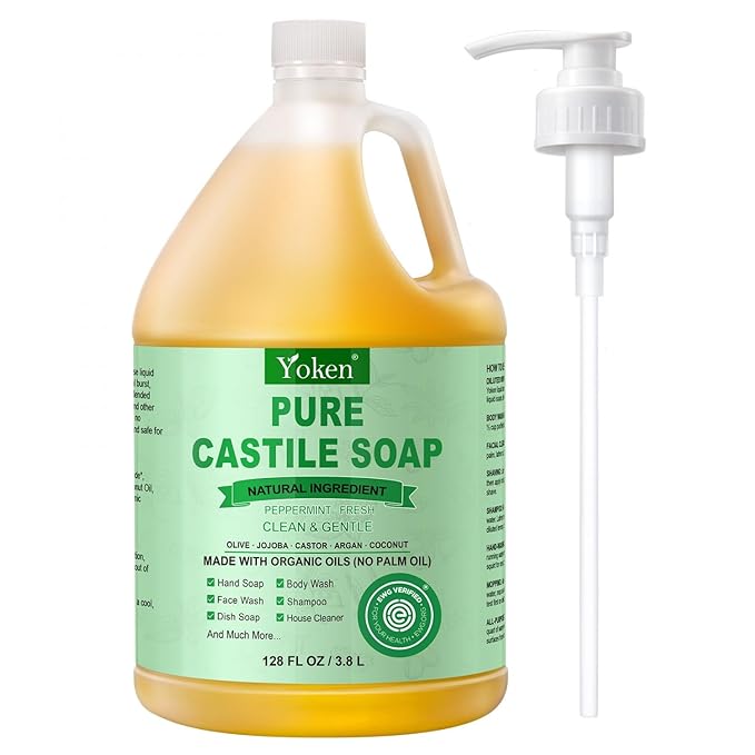 Yoken EWG Verified Peppermint Castile Soap Liquid, 1 Gallon Bulk Size, Made with Certified Organic Oils, Gentle Peppermint Soap for Body Wash, Hands, Dishes, Laundry & More, Natural Versatile Cleanser