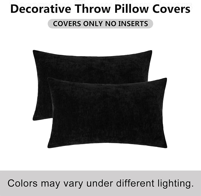 decorUhome Soft Chenille Black Throw Pillow Covers 12X20 Set of 2 | Decorative Fall Couch Pillow Covers Solid Dyed Accent Modern Farmhouse Neutral Rectangle Pillow Cases for Sofa