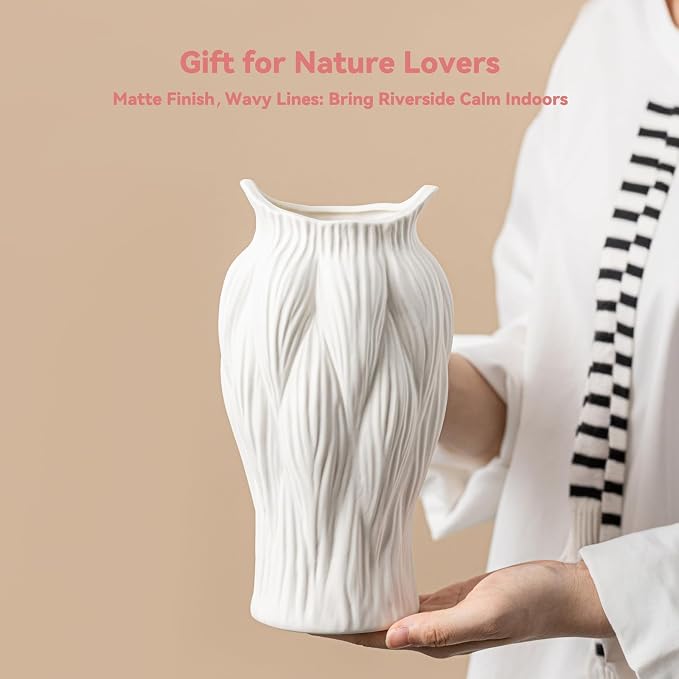 White Ceramic Vase with Reed-Inspired Texture - 9" Unique Flower Vase for Pampas Grass & Centerpieces, Decorative Boho/Farmhouse Vase for Living Room,Office Desk & Housewarming Gift (for Her/Yourself)