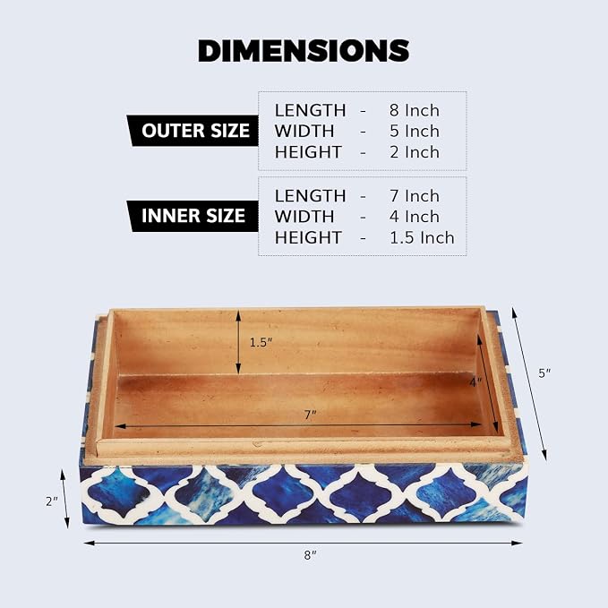 Handicrafts Home Small Decorative Storage Box with Lid, Moroccan Jewelry Keepsake Trinket Box Organizer, Wooden Coffee Table Dresser Storage Box, Blue, 8 x 5 x 2 Inch, Moroccan Collection