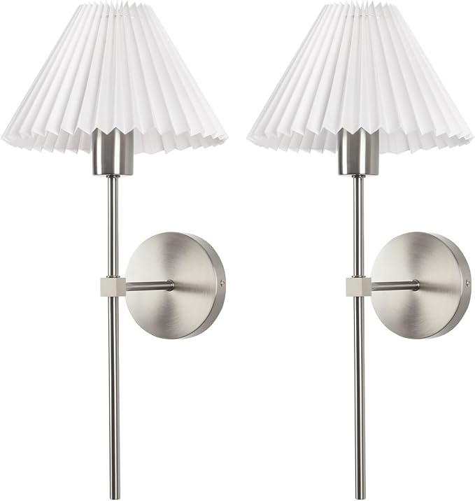 Wireless Wall Sconce Sets of 2, Pleated Shades Rechargeable Battery Operated Wall Sconce, Retro Industrial Brushed Nickel Bathroom Vanity Lights, Wall Mounted Lamps for Bedroom Living Room Hallway