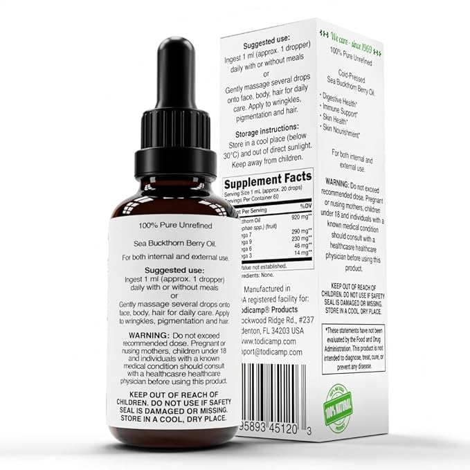 Sea Buckthorn Oil Organic - 2 fl oz Cold-Pressed Sea Buckthorn Berry Oil - Seabuckthorn Oil for Face and Organic Sea Buckthorn Oil Supplement