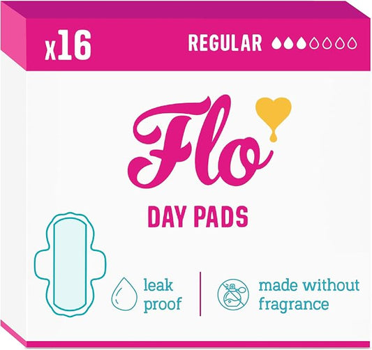 Flo - Day Menstrual Pads (16 Pack) - Organic Bamboo Period Pads for Women - Regular Flow - Leak Locking - Winged, Ultra-Thin - Absorbent, Soft & Breathable - Plant Based – Vegan, Cruelty Free