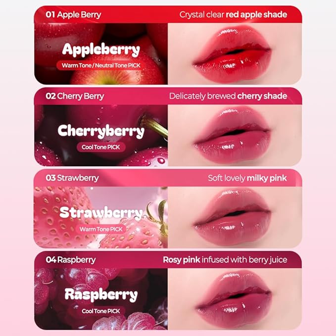 Berrisom Jelly Tattoo Tint, Long Lasting Korean Lip Stain with Jelly Texture, Transfer-Resistant Color, 3.8g / 0.13oz, 4 Shades (Cherryberry)