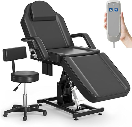 Electric Tattoo Bed + 13" Diameter Rolling Stool Combo | 3-Section Spa Table (24"-34") & Height-Adjustable Salon Chair (13.8"-21.7") for Artists