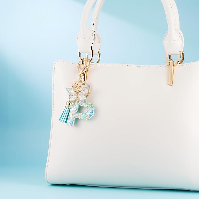 Fashion Alphabet Initial Letter Keychain Tassel Butterfly Pendant Key Ring for Purse Handbags Women Girl