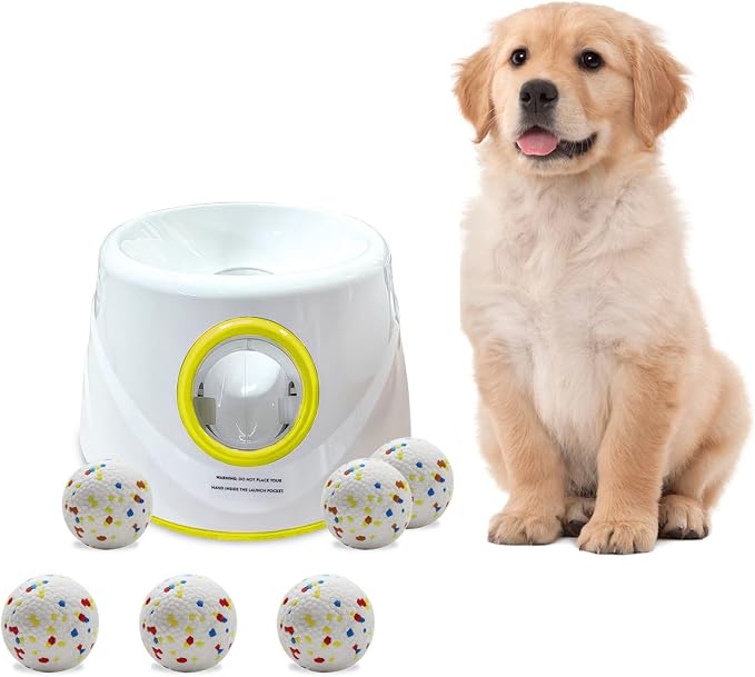 Automatic Ball Launcher for Dogs ，The Upgraded Premium Ball Thrower Adjustable Distance 20-45ft Including 6 PCS 2.3-inch Sized ETPU Balls, Interactive Dog Toys Suitable for Small to Medium Sized Dogs