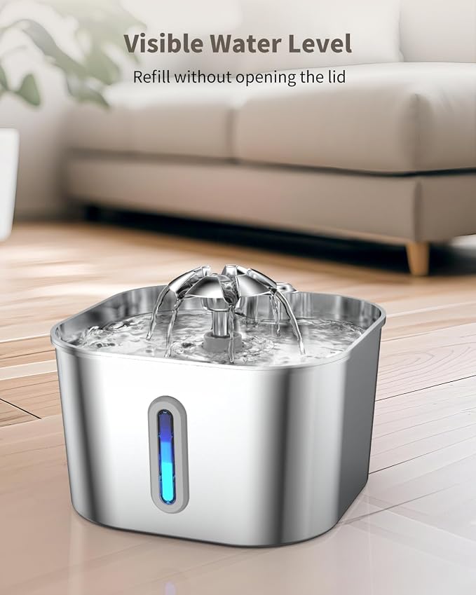 Stainless Steel Cat Water Fountain - 74oz/2.2L Cat Drinking Fountain | Quiet Cat Fountain for Indoor Cats and Small Dogs, Automatic Pet Water Dispenser Keeps Fresh Water