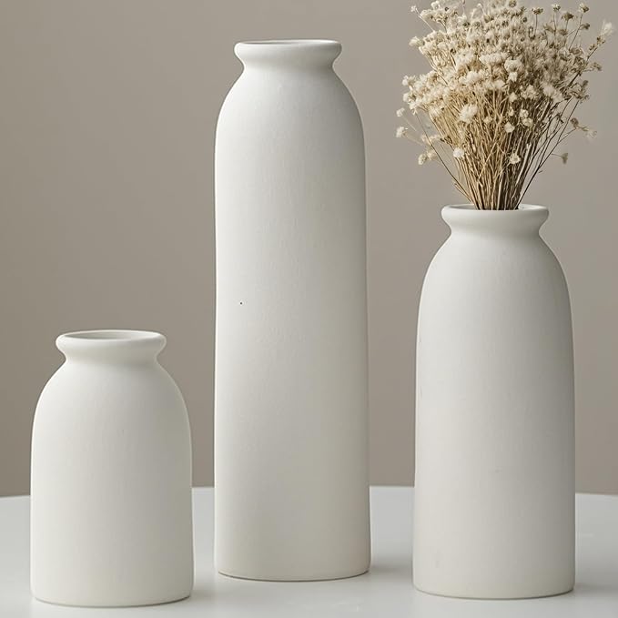 10.6 inches Tall Decorative Ceramic Vase Set, 3 Pieces, Nordic Modern Boho Style, White, for Home Decor (L White)