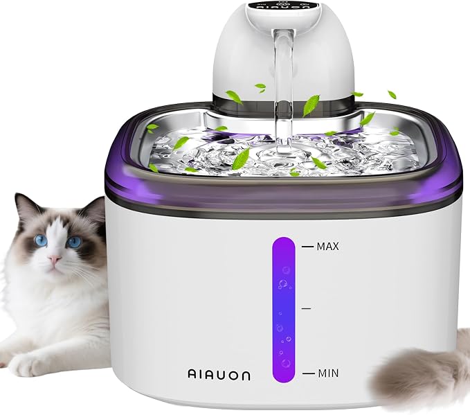 Cat Water Fountain Cordless 118oz/3.5L Wireless & Battery Operated Pet Water Fountain for Indoor Cats, Stainless Steel Tray with Sensor & Timer Modes, Ultra-Quiet, BPA-Free (Cat Fountain+2Filters)