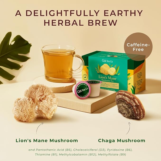 Gya Tea Co Lion's Mane Mushroom Tea Gift Set (16 Count) - Decaf Tea Pod for Lovers Get Well Gifts - Manually Harvested - Enjoy Hot or Iced