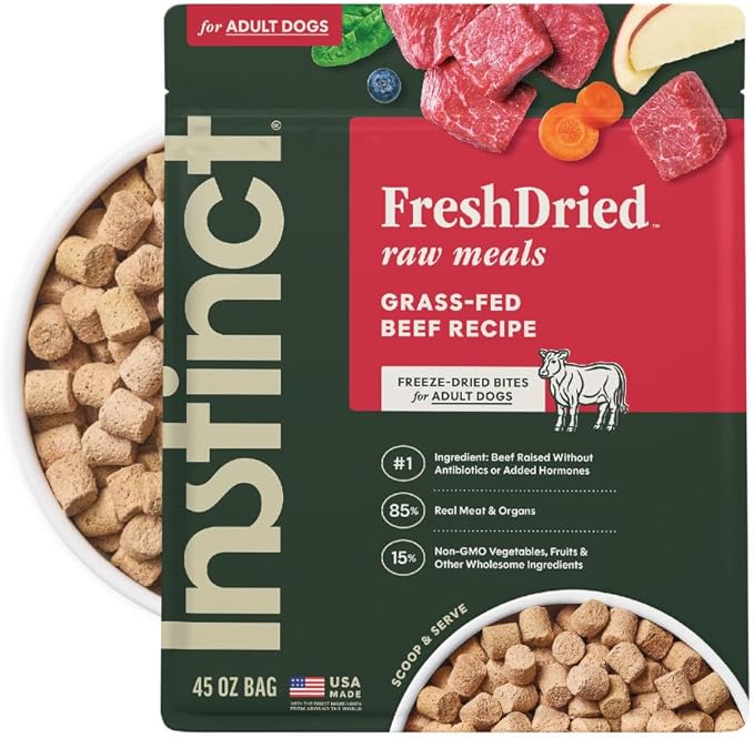 Instinct Freeze Dried Meals, Natural Dog Food, Grass-Fed Beef, 45 oz. Bag | FreshDried raw, 85% meat & organs, 15% non-GMO vegetables, fruits & other wholesome ingredients, supports overall vitality