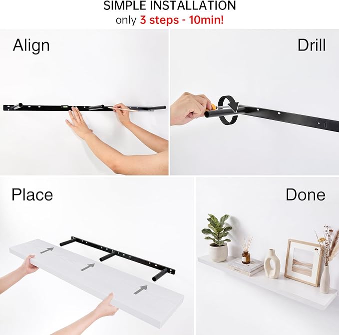 BAYKA White Floating Shelves 47.2in, Set of 2, Wall Mount Rustic Wood Shelf | Easy Install, 30lbs Max Load, Hidden Bracket, for Bathroom Bedroom Kitchen Office Storage Decor, Multi-Wall Compatible