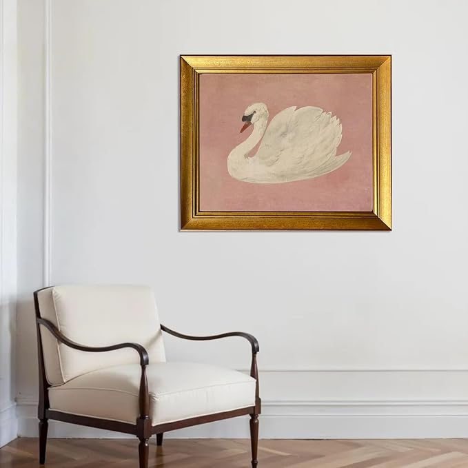 Vintage Gold Framed Wall Decor White Swan Canvas Print Farmhouse Pink Wall Art Cute Swan Painting Artworks for Girly Bathroom Decor Living Room Bedroom
