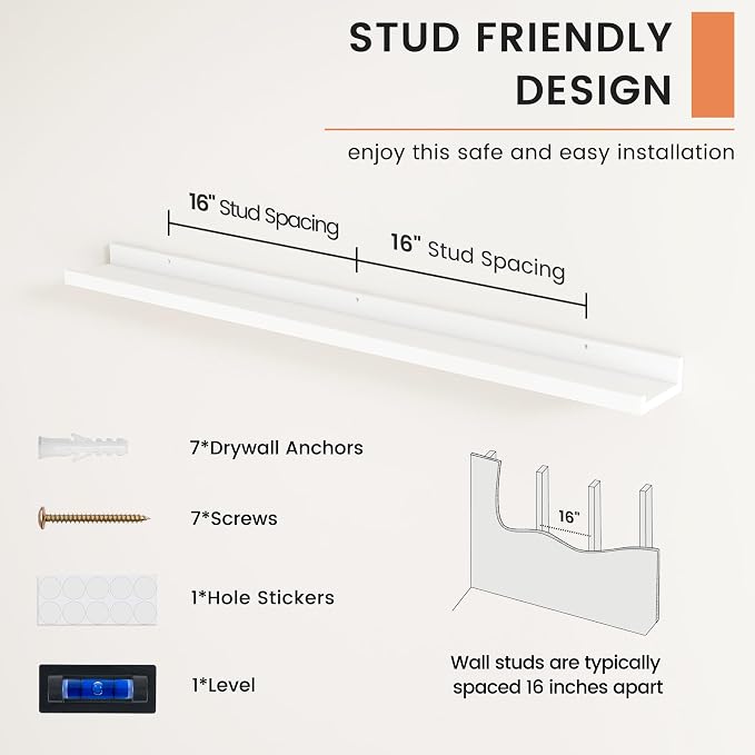 Picture Ledge Shelf, Floating Shelves for Wall, 44" W Set of 2, White | FSC Certified Engineered Wood, Wall Mounted Bookshelf, for Nursery Living Room Bedroom, Pre-Drilled, Easy Install