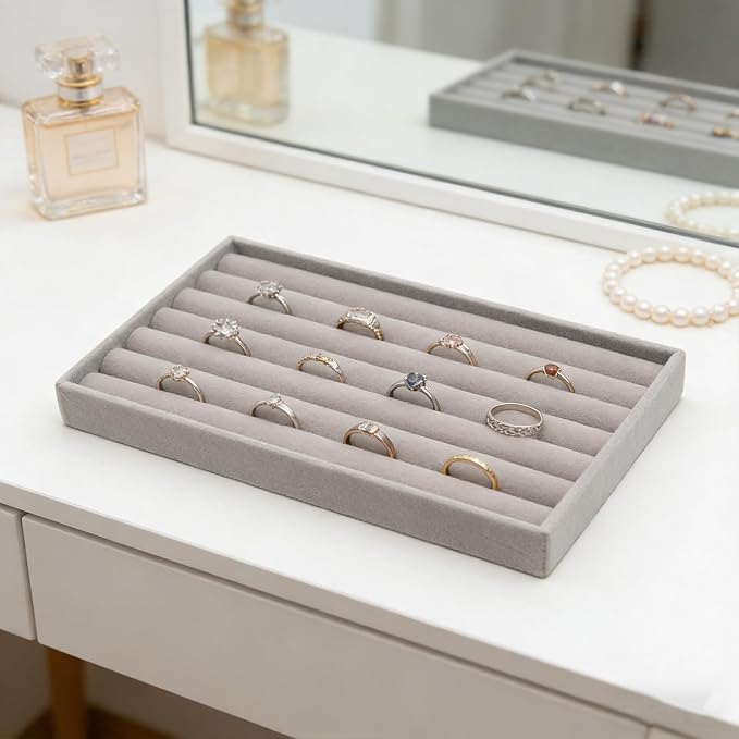 Velvet Jewelry Organizer Tray, Gray 8 Rolls | Stackable Jewelry Holder Storage Display Tray for Drawer or Dresser Organizer