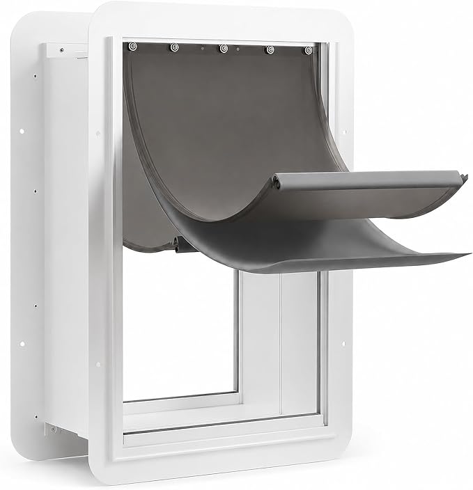 URSPET Large Dog Door for Wall, 3-Flap Insulated, Steel Frame, White | 10.25 x 16.25 in Usable Opening, For 4.3-7.8 in Walls, Compatible with PetSafe Wall Cutouts, Lock Panel, Replaceable Flaps