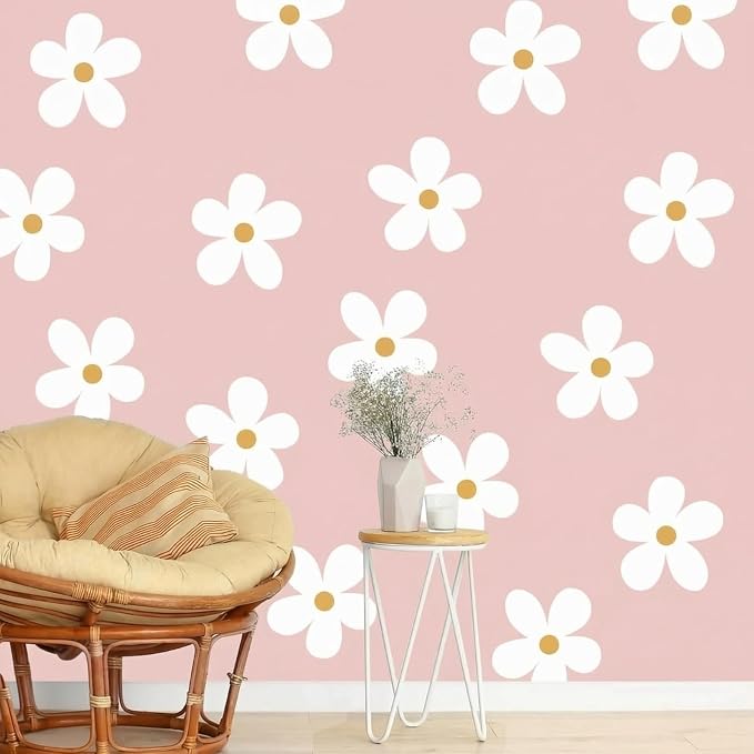 TaoBary 12 Sheet Daisy Wall Sticker Decal,White, Yellow,Charming Style | Big Flower Wall Sticker, Pink White Floral Decal, Daisy Bedroom Room Decor, Removable Peel and Stick, Nursery Home Wall Decor