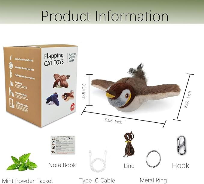 Interactive Chirping Bird Cat Toys with Flapping Wings,No Flying Birds Cats Toy, Flying Simulation Electric Sparrow Shaking Hunting Pet Toy for Indoor (Brown Upgrade)