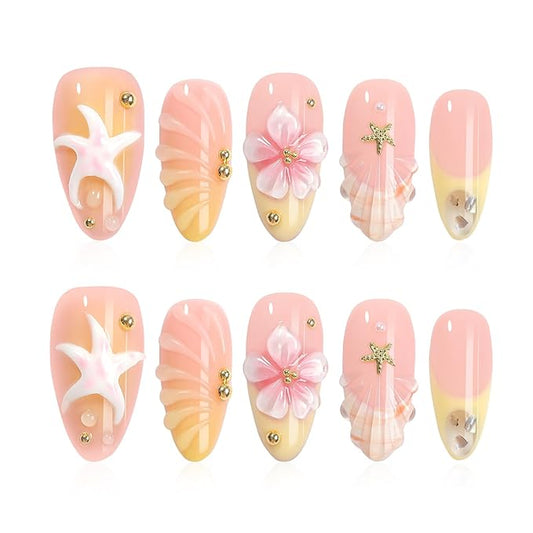 Handmade Press On Nails Almond, 3D Flowers Rhinestone Water Ripple Design Short Fake Nails with French Tips, Salon-Quality Reusable, Fall/Winter Gift for Women, 10pcs